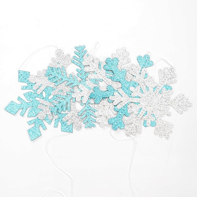 Snowflake-Snow Teal-Silver Christmas Party-Decorations Garland - 6pcs Winter Wonderland Girl Frozen Birthday Hanging Decoration Streamers Banner, Snow White New Year Supplies Holiday Decor Panduola