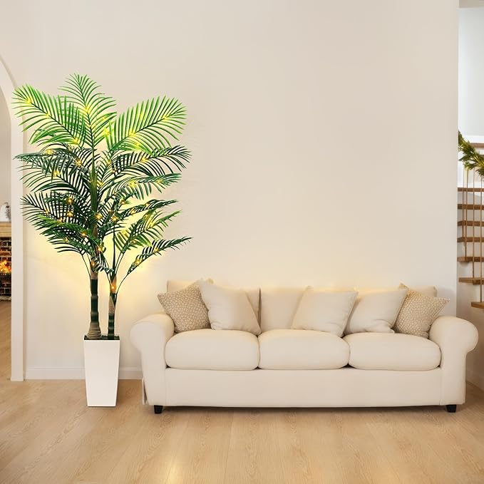 6ft Artificial Golden Cane Palm Tree with LED Fairy Lights & White Tall Planter - Lifelike Faux Tropical Palm Plant with Realistic Trunk and Palm Leaves for Home Office Living Room Corner Decor