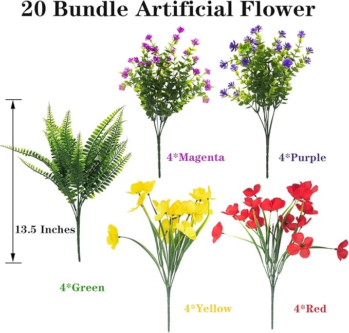 20 Packs Artificial Flowers Outdoor, Faux Plants UV Resistant Plastic Greenery for Hanging Planter Porch Window Home Wedding Spring Summer Decor