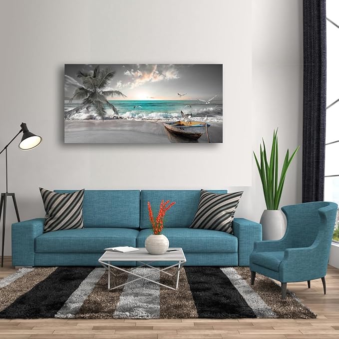 Beach Sea Wave Pictures Canvas Wall Art For Living Room Bedroom Wall Decor,Sea Wave Wall Art Print Paitnings For Home Decor,Morden Artwork Palm Boat Canvas Art Waterproof Ready To Hang-24x48 Inches