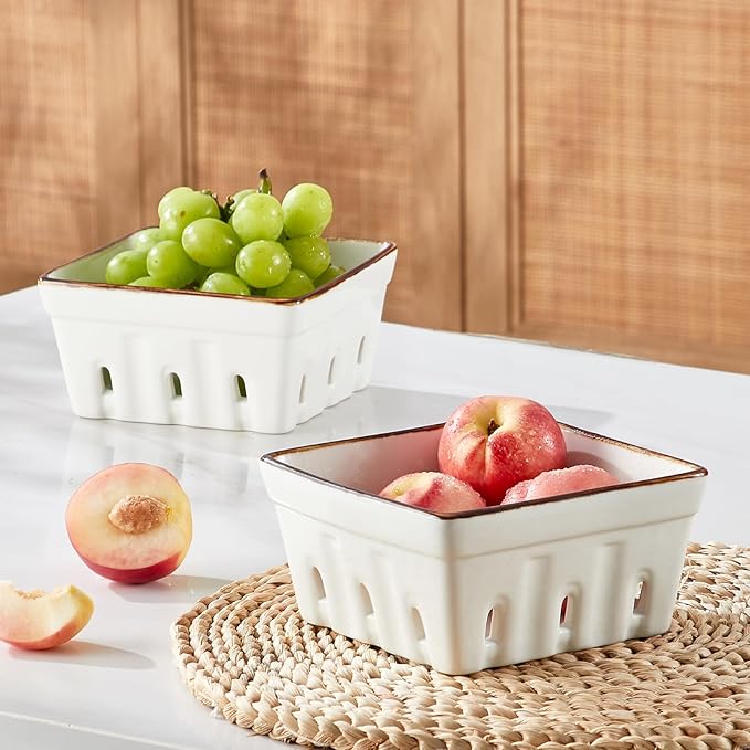 ONEMORE Ceramic Berry Basket Square Fruit Bowls with Holes Berry Bowl Colander Fruit Basket for Kitchen Décor - 5.8" Berry Containers for Fridge, Set of 2, Cream White