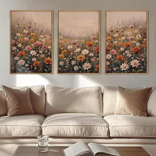 IARTTOP Framed Floral Canvas Wall Art Large 16x24 Inch Colorful Wildflower Art Prints Retro Botanical Landscape Wall Decor for Living Room Bedroom Office