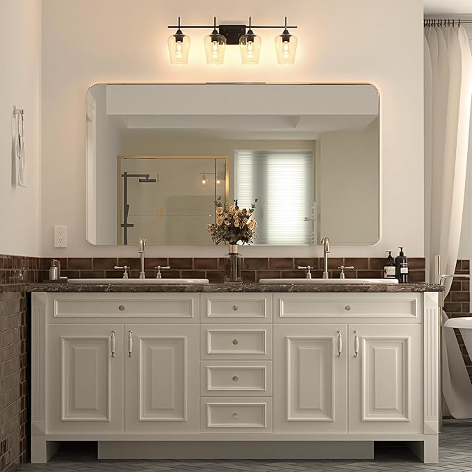 VONLUCE Bathroom Vanity Light, 4 Light Bathroom Light Fixture Over Mirror, Bathroom Wall Lamp with Clear Glass, Modern Black Vanity Lighting fixtures for Bathroom, Bedroom, Hallway