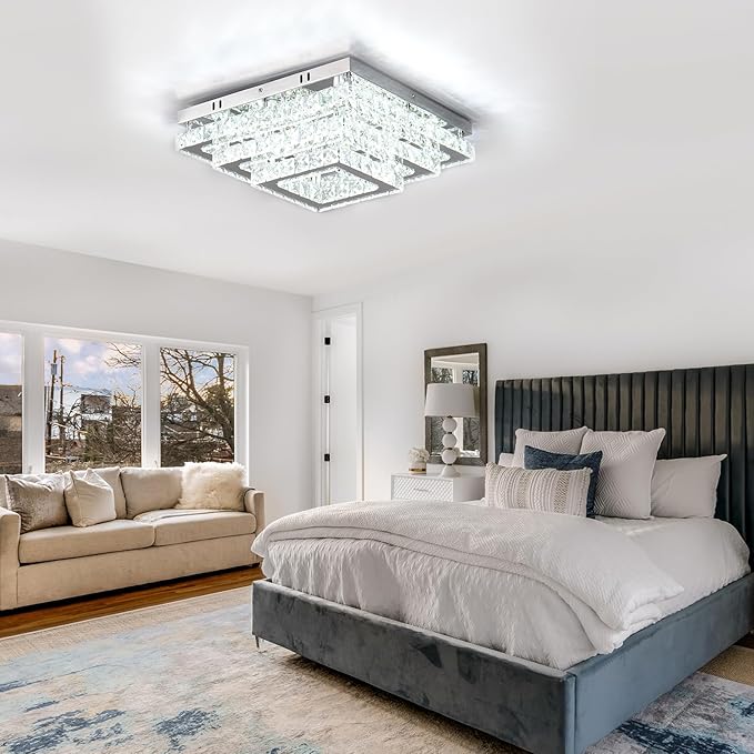 Finktonglan Square Crystal LED Ceiling Light Fixtures, 15' Modern Chandelier 3-Tiers Flush Mount Ceiling Lamp for Living Room Dining Room (6500K Cool White)