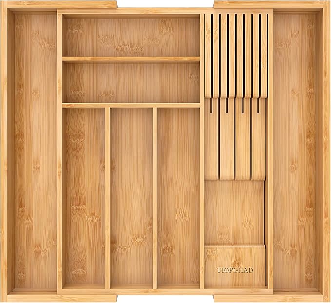 Bamboo-Silverware-Drawer-Organizer-Kitchen, Expandable Utensil Holder Cutlery Tray Flatware Organization Adjustable Wood Tableware Dividers Storage (with Removable Knife Block)(Natural)