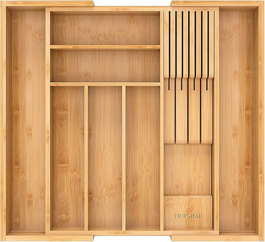 Bamboo-Silverware-Drawer-Organizer-Kitchen, Expandable Utensil Holder Cutlery Tray Flatware Organization Adjustable Wood Tableware Dividers Storage (with Removable Knife Block)(Natural)