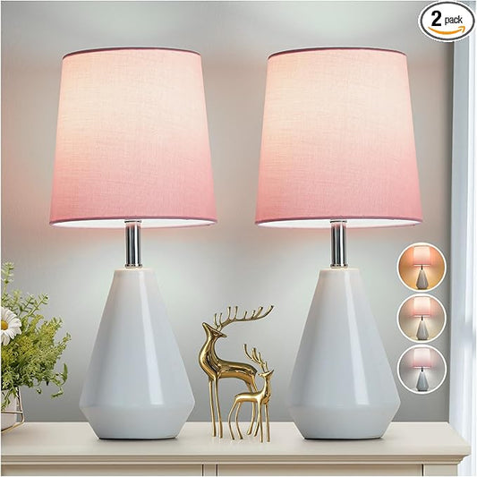 Small Bedside Table Lamp for Bedroom-Reading Desk Lamp Set of 2,with 3 Color Temperatures,15.5" Nightstand Ceramic Lamp with Fabric Shade for Kids Room,Living Room,Dorm,Home Office