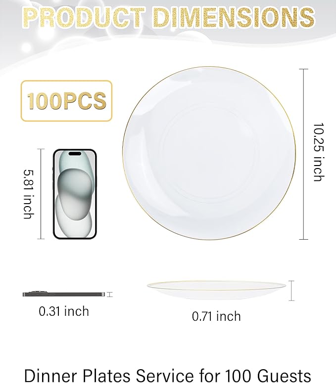 Nervure 100 Pieces Clear and Gold Plastic Plates - 10.25inch Gold Dinner Plate - Heavyweight Clear Disposable Plates Ideal for Party & Wedding & Thanksgiving