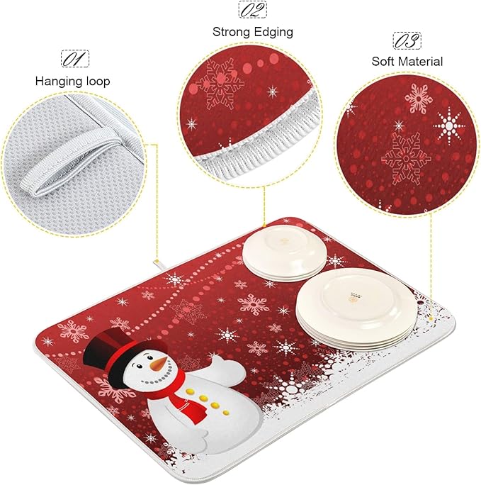 Christmas Snowflakes Snowman Dish Drying Mat 18 X 24 Inch Xmas Snowmen Winter Santa Stars Dry Dishes Pads Tableware Mats Protector for Kitchen Countertops Counter Home Decorations