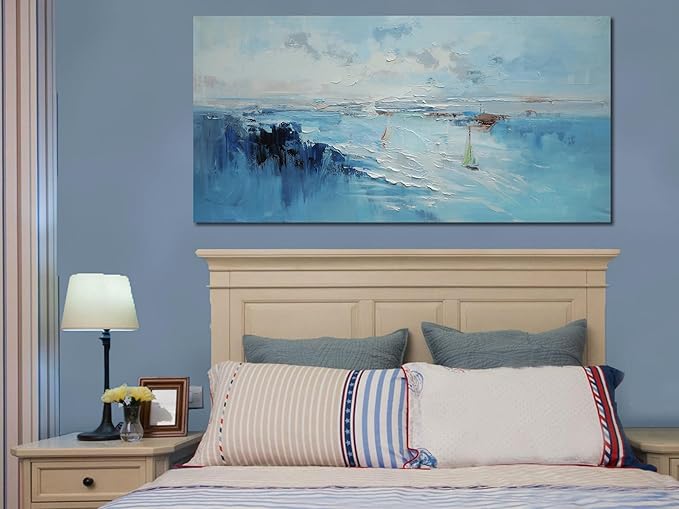 Ardemy Blue Abstract Wall Art Canvas for Living Room Coastal Sailboat Textured Bedroom Modern Teal White Artwork Framed Home Office Kitchen Dining Room Wall Decor, Extra Large 58"x29"