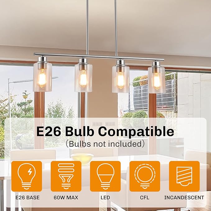 Kitchen Island Light, 4-Light Pendant Lighting, Farmhouse Dining Room Light Fixtures for Kitchen Island Dining Living Room, Brushed Nickel with Clear Glass Shade