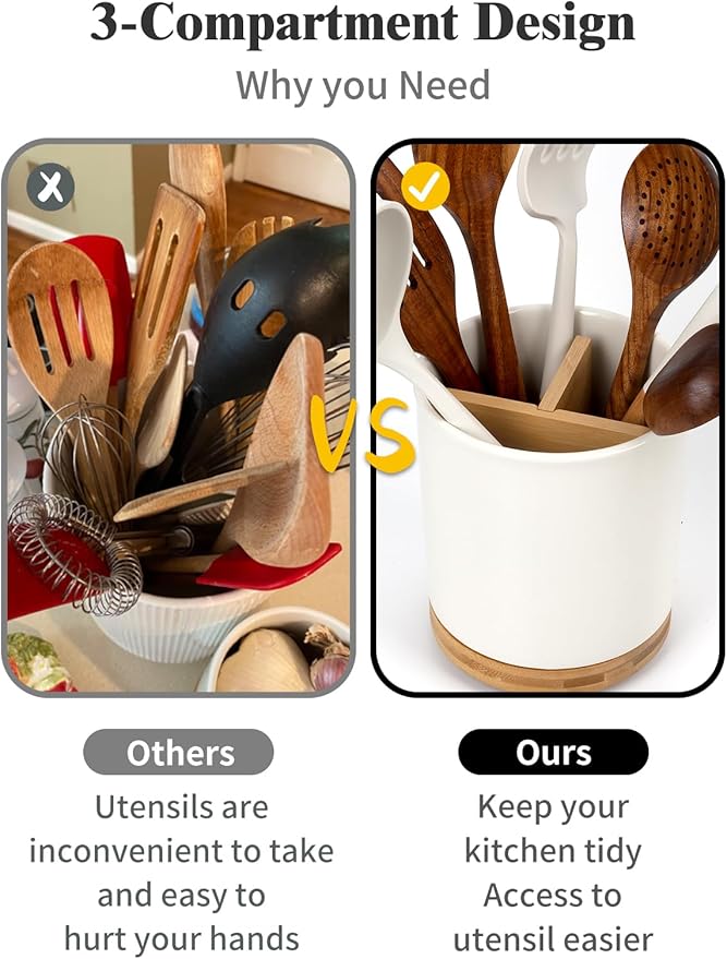 LoeJan 3 Compartment Utensil Holder, Extra Large Utensil Crock, Stable Ceramic Utensil Organizer, Cooking Tool Organizer Set for Kitchen Counter Farmhouse Decor (C-White(Grossy))