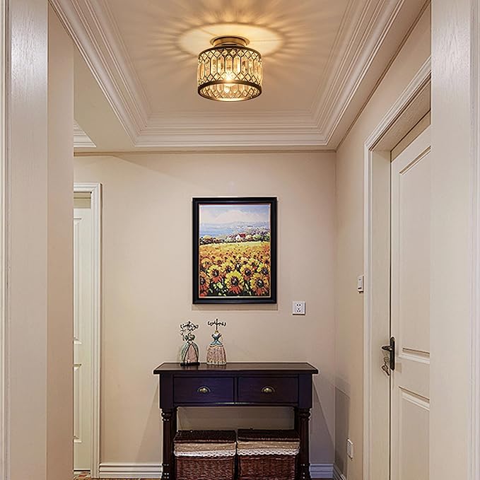 Crystal Ceiling Light Fixture, Modern Semi Flush Mount Ceiling Light,Crystal Chandelier for Kitchen Bedroom Bathroom Entryway Black (Bulb not Included)