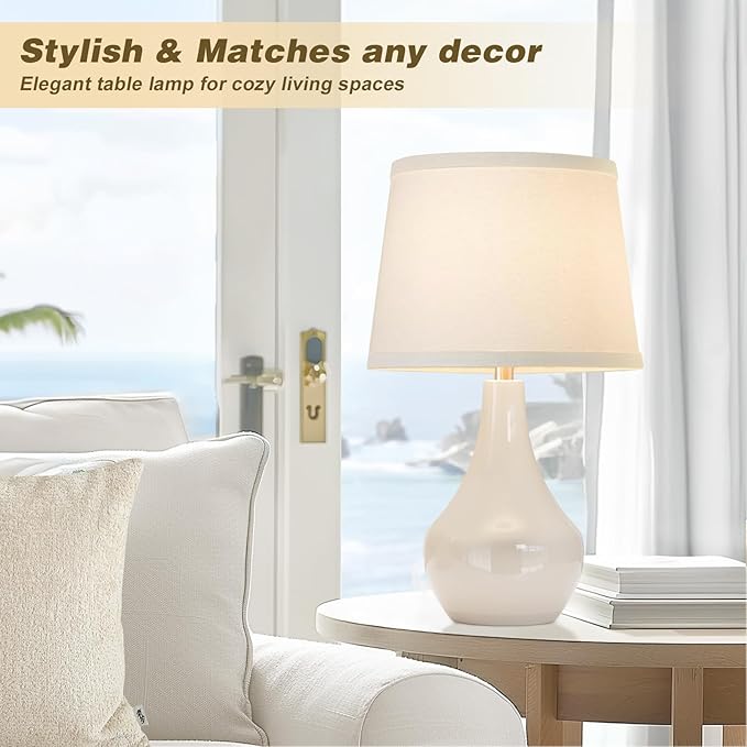Seealle Modern Ceramic Table Lamps for Night Stands - Bedside Lamps Set of 2 for Nightstand, 19.4" White Bedroom Lamp for Living Room Cute Desk End Table Office Guest Room Dresser Rocker Swtich