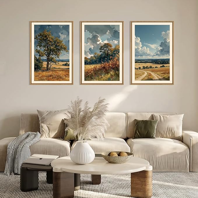 KAIRNE Framed Vintage Watercolor Landscape Wall Art Set of 3, Nature Country Scenery Art Prints, Rustic Farmhouse Wall Decor, Calming Pastoral Paintings for Living Room Bedroom Office, 16x24 Inch