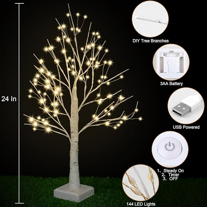 144 LED Birch Tree with LED Lights, DIY Artificial Tree Lamp with Timer, Lighted up Tree Lamp USB/Battery Powered, Fairy Light Spirit for Table Home Wedding Bedroom Christmas (Warm White)