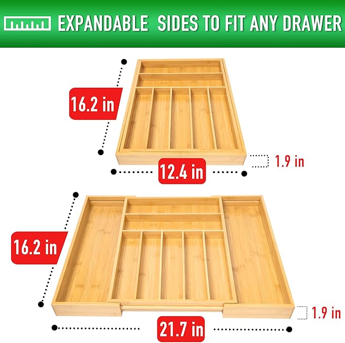 Large Expandable Utensil Organizer Silverware Organizer for Kitchen Adjustable Utensils Holder Bamboo Flatware Silverware Cutlery in Drawer (9 slot, Natural)