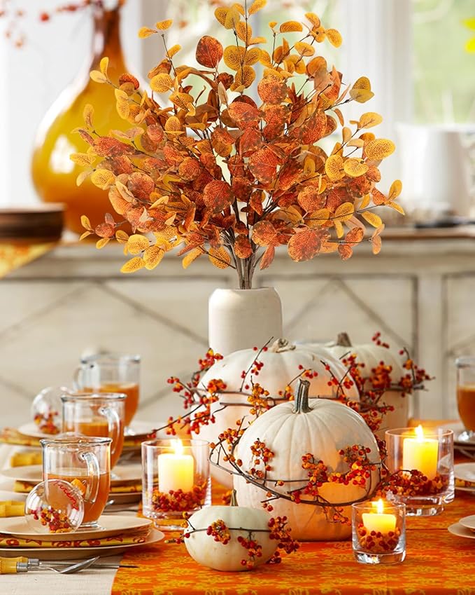 Krissing 6 Pcs Fall Artificial Eucalyptus Stems, 26.5" Fall Eucalyptus Leaves Fall Faux Greenery Stems for Autumn Home Table centerpieces Arrangement Fall Decorations
