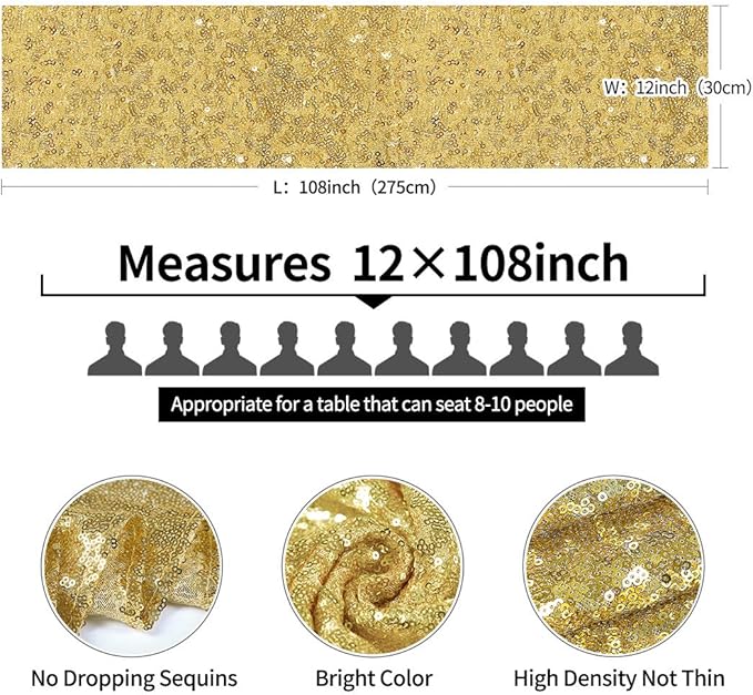 2 Packs 12 x 108 inches Gold Sequin Table Runner, Glitter Gold Table Runner for Wedding Birthday Bachelorette Holiday Party Supplies Decorations Bridal Shower Baby Shower
