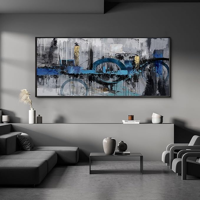 KLAKLA Large Abstract Wall Art Canvas - Blue and Gray Lnk Style Gold City Scenes Wall Decor Living Room Bedroom Decoration Black Frame Picture Artwork for Wall Modern Landscape Wall Decor