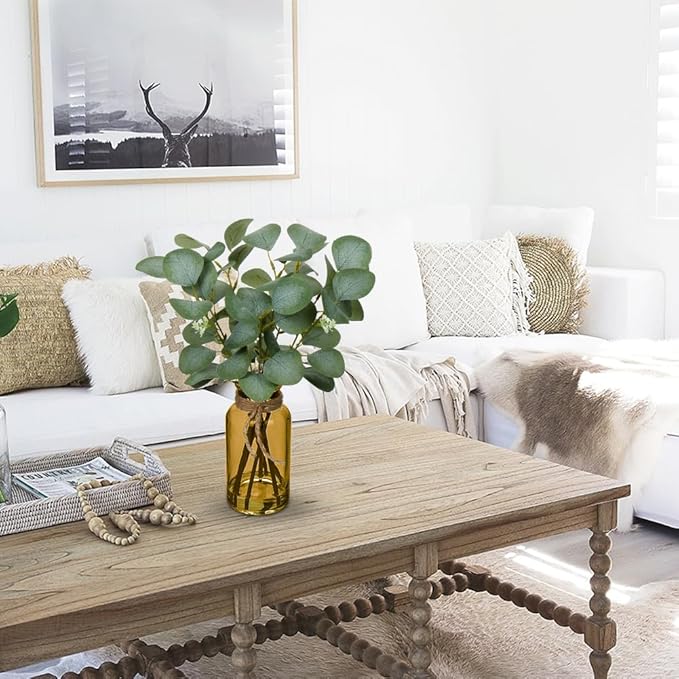 Briful Artificial Eucalyptus Stems in Amber Glass Vase with Faux Water, 14" Fake Plant Eucalyptus Leaves for Home Office Farmhouse Wedding Centerpiece Décor