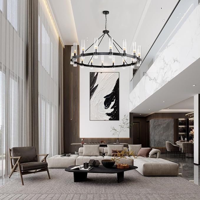48 Inch Black Wagon Wheel Chandelier with Glass Shade, 16-Lights Black Farmhouse Chandeliers for High Ceilings, Large Round Industrial Pendant Lights for Dining Room Living Room Bedroom Foyer