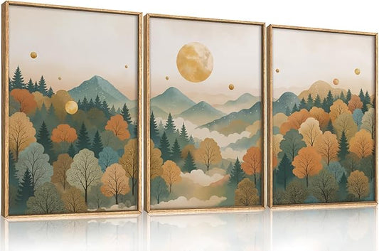 HPINUB Abstract Landscape Mountain Canvas Wall Art Set, Vibrant Sunrise Forest Pine Tree Wall Decor, Wilderness Nature Artwork Rustic Scenery Art Print for Living Room,Bedroom,Office-16 x24 x3