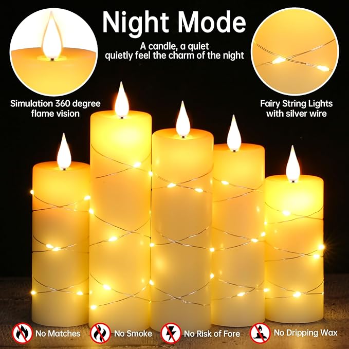 Da by Flickering Flameless Candles with String Lights, Battery Operated Candles with Remote and Timer, LED Pillar Candle Real Wax,5 Pack-Ivory White