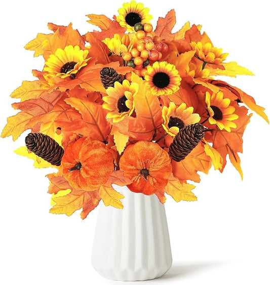 Artmag 2PCS Fall Artificial Flowers Decoration Maple Leaf Stem Pumpkin Branch Sunflower and Berries for Fall Thanksgiving Home Kitchen Festival Decoration (Brown)