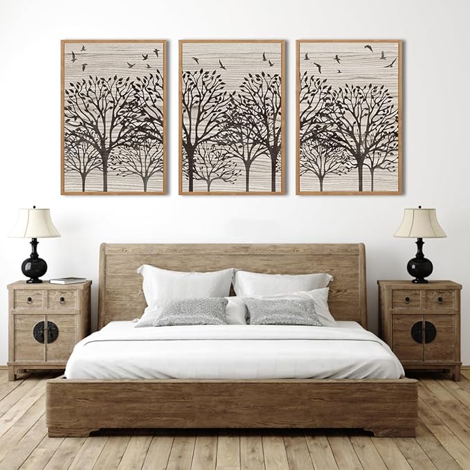 ANHUIB Framed Neutral Tree Canvas Wall Art 24 * 36 Inch Large Forest Bird Abstract Wall Decor Farmhouse Illustration Artwork for Living Room Bedroom Set of 3