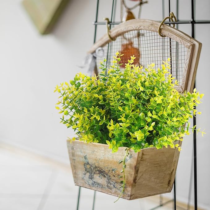 RECUTMS Artificial Boxwood Plants Outdoor Fake Spring Plants Uv Resistant Artificial Shrubs for Outdoors Greenery Stems Outdoor Flowers That Look Real Artificial Eucalyptus (Yellow Eucalyptus)