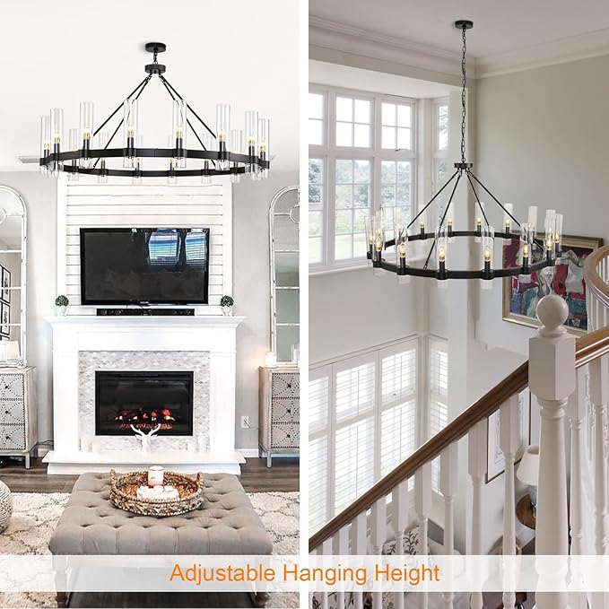 48 Inch Black Wagon Wheel Chandelier with Glass Shade, 16-Lights Black Farmhouse Chandeliers for High Ceilings, Large Round Industrial Pendant Lights for Dining Room Living Room Bedroom Foyer