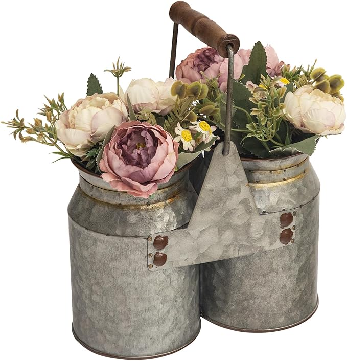 Set of 2 Rustic Galvanized Metal Planters, Flower Vases for Dried Flowers or Succulents, Farmhouse French Country Buckets for Wedding, Office, Home Decor, 8x4x6.75 Inch