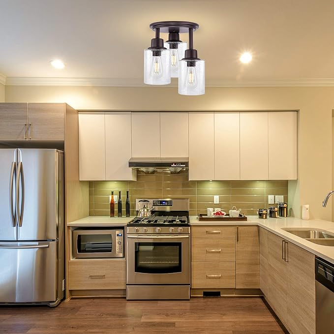 Semi Flush Mount Ceiling Light, 3-Light Close to Ceiling Light Fixtures, Vintage Oil-Rubbed Bronze Finish Kitchen Light Fixture with Clear Seeded Glass Shade Patriot Lighting for Entryway Porch Foyer