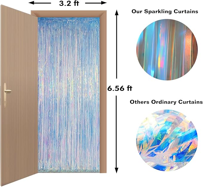 Melsan Iridescent Foil Fringe Backdrops Party Decorations - 2 Pack 3.2 x 6.5 ft Metallic Tinsel Photo Backdrop Curtains for Mermaid Unicorn Birthdays Parties - Iridescent 2 Packs