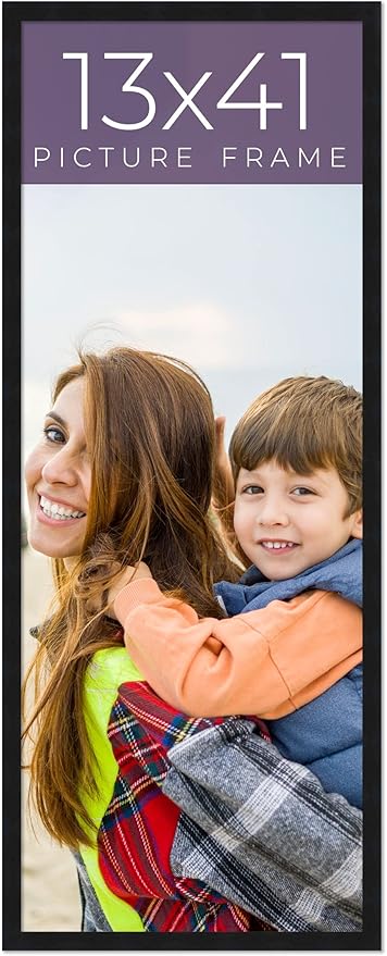 13x41 Frame Black Real Wood Picture Frame Width 0.75 Inches | Interior Frame Depth 0.5 Inches | Noir Classique Mid Century Photo Frame Complete with UV Acrylic, Foam Board Backing & Hanging Hardware