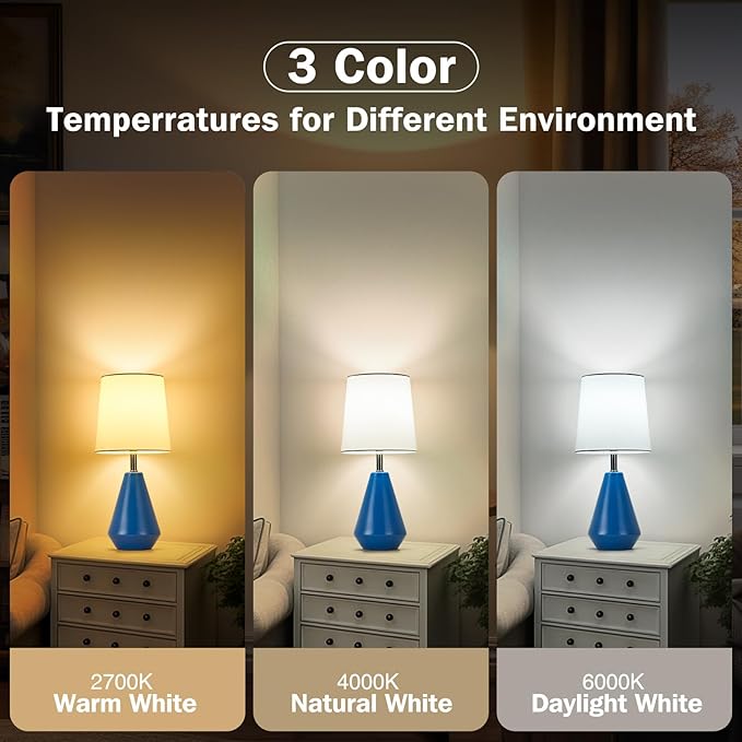 Small Bedside Table Lamp for Bedroom - Reading Desk Lamp with 3 Color Temperatures，15.5" Nightstand Ceramic Lamp with Fabric Shade for Kids Room,Living Room,Dorm,Home Office (Blue+White)