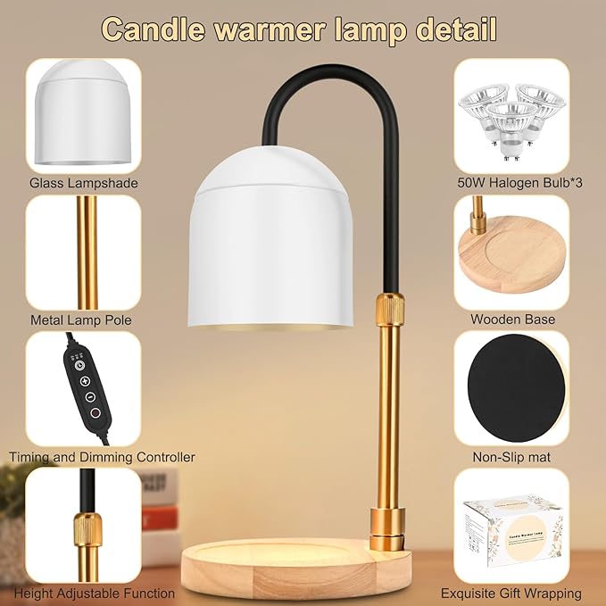 Candle Warmer Lamp with Timer & Dimmer, Adjustable Height Electric Candle Warmer with 3 Bulbs,Compatible with All Size Scented Candles, Wax Melt Warmer for Bedroom,Home Decor House Warming Gifts