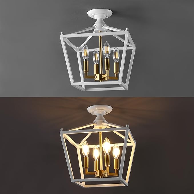 JONATHAN Y JYL7610F Plains Mini Lantern 12" 4-Light Iron Modern Farmhouse LED Flush Mount, Office, Living Room, Family Room, Dining Room, Bedroom, Hallway, Foyer, White/Brass Gold