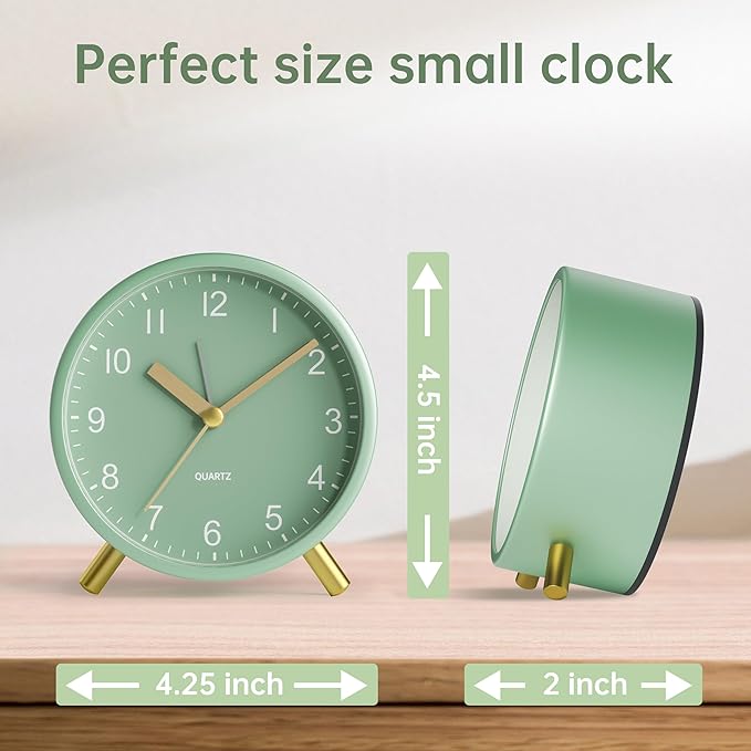 Analog Alarm Clock, 4 inch Super Silent Non Ticking Small Clock with Night Light, Battery Operated, Simple Design, easy setting for Office, Bedroom, Bedside, Desk, teens, elders, kids, adult, Green