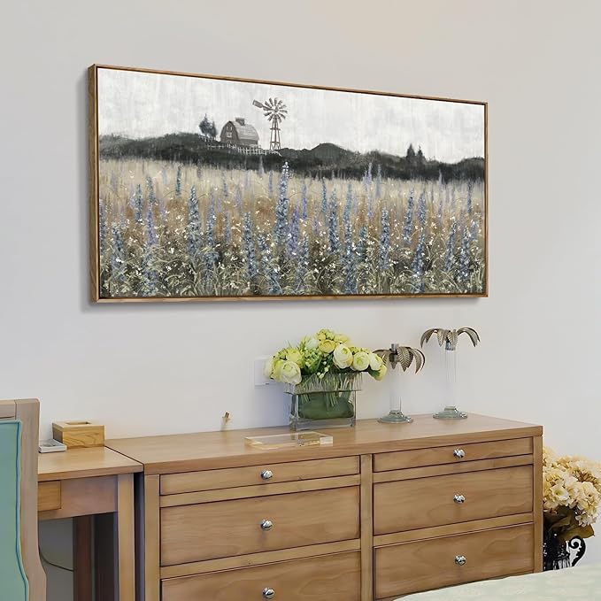 Framed Canvas Wall Art for Living Room Rustic Farmhouse Scenery Vintage Countryside Windmill Barn Picture Nature Wilderness Landscape Wildflower Field Meadow Print Painting Retro Artwork 48"W x 24"H