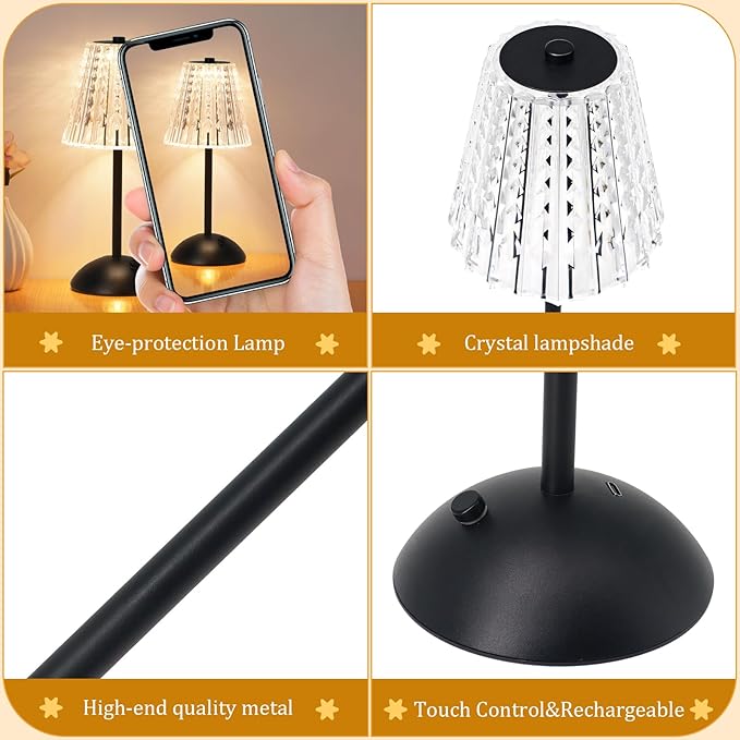 Cordless Touch Table Lamp, 3500mAh Rechargeable Small Dask Lamp, 3 Colors Dimmable Battery Operated Crysta Lamp for Bedroom Restaurant Kitchen Home Decor, Black, 2pcs