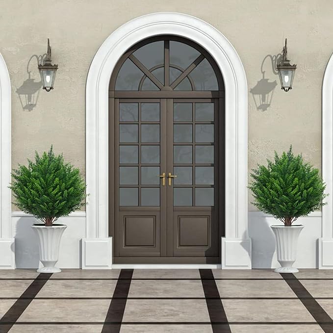 21" Artificial Cedar Topiary Ball Trees with Ground Spike Set of 2 - UV Resistant Faux Shrubs & Bushes Potted Plants for Outdoor Indoor Front Porch Garden