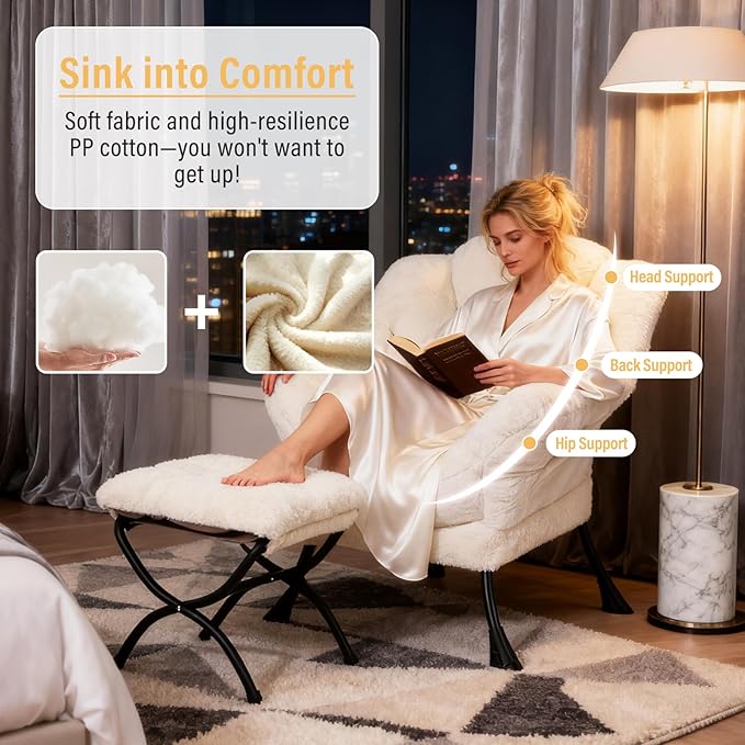 Lazy Chair with Ottoman, Modern Chair with Folding Footrest, Lounge Accent Chair, Comfortable Reading Chair for Bedroom, Study, Living Room, Courtyard (Plush Beige)