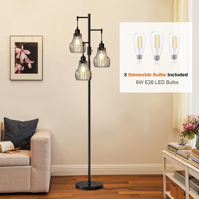 Dimmable Floor Lamp, 3 x 800LM LED Edison Bulbs Included, Farmhouse Industrial Floor Lamp Standing Tree Lamp with Elegant Cage Tall Lamps for Living Room Bedroom Office - Black
