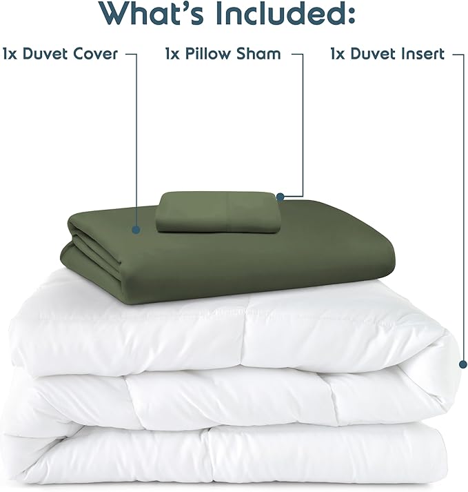 Nestl Twin Duvet Cover Set with Comforter Insert - Olive Green 3 Piece 68x90 Duvet Cover & 1 Pillow Sham with White Quilted Down Alternative Comforter, Ultra Soft, All Season