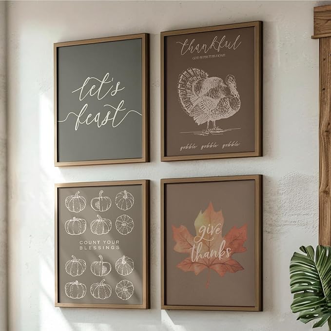 JXREQ Thankful Turkey Pumpkin Wall Decor Maple Leaves Posters, Let's Feast Thanksgiving Harvest Wall Decor, Fall Wall Art Prints for Kitchen Bedroom Living Room Office 4Pcs, 8x10 Inch Unframed