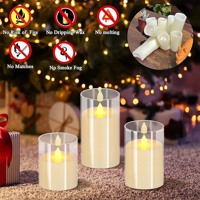 Flameless Candles 4" 5" 6" Set of 3 Acrylic Glass Pillars 3" Diameter Battery Operated Flickering Candles Include Remote with Timer for Home Decor Wedding Festival Cafe Restaurant Decor