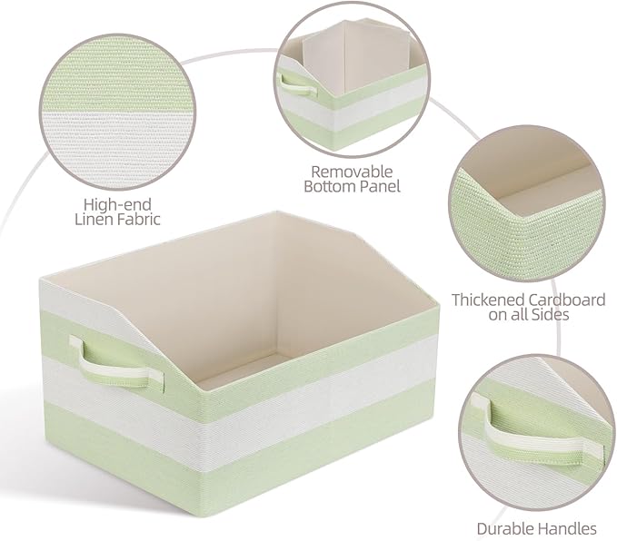 Linen Closet Organizers and Storage, Trapezoid Fabric Bins, Home Office Organization Baskets Striped Collapsible Box with Handles for Clothes, Blanket, Books, DVD, 4 Pack, Green/White