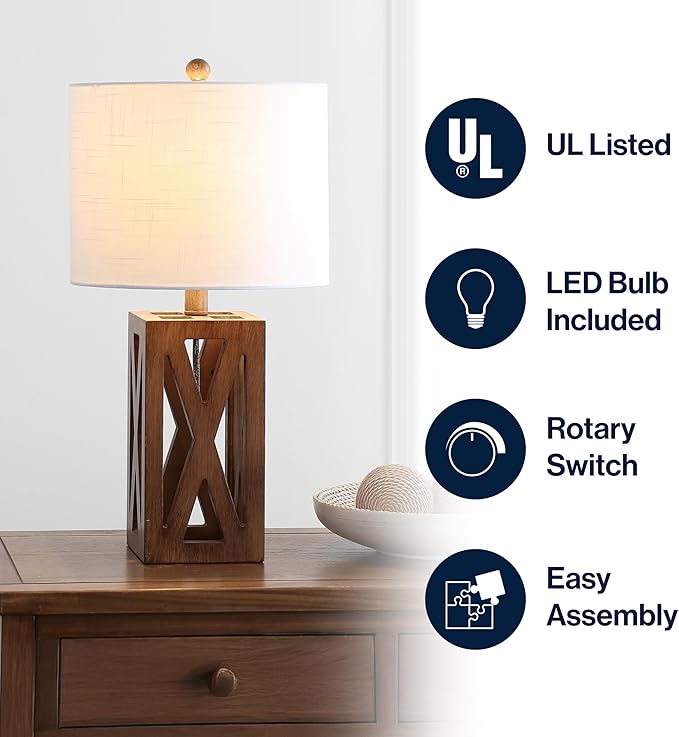 JONATHAN Y JYL1062A Stewart 21.5" Wood LED Table Lamp Industrial French Country Rustic Bedside Desk Nightstand Lamp for Bedroom Living Room Office College Bookcase LED Bulb Included, Brown